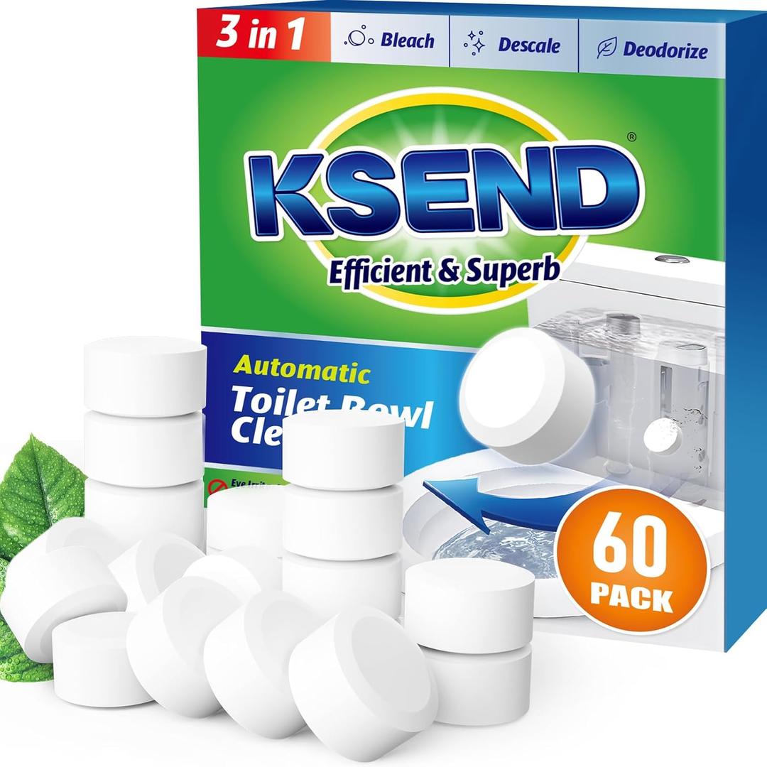 Ksend Toilet Bowl Cleaner Tablets - 60 PCS Automatic Bleach Toilet Cleaner Tablets, Slow-Releasing Deodorizing & Descaling, Powerful Bathroom Tank Cleaner (1 Count (Pack of 60))