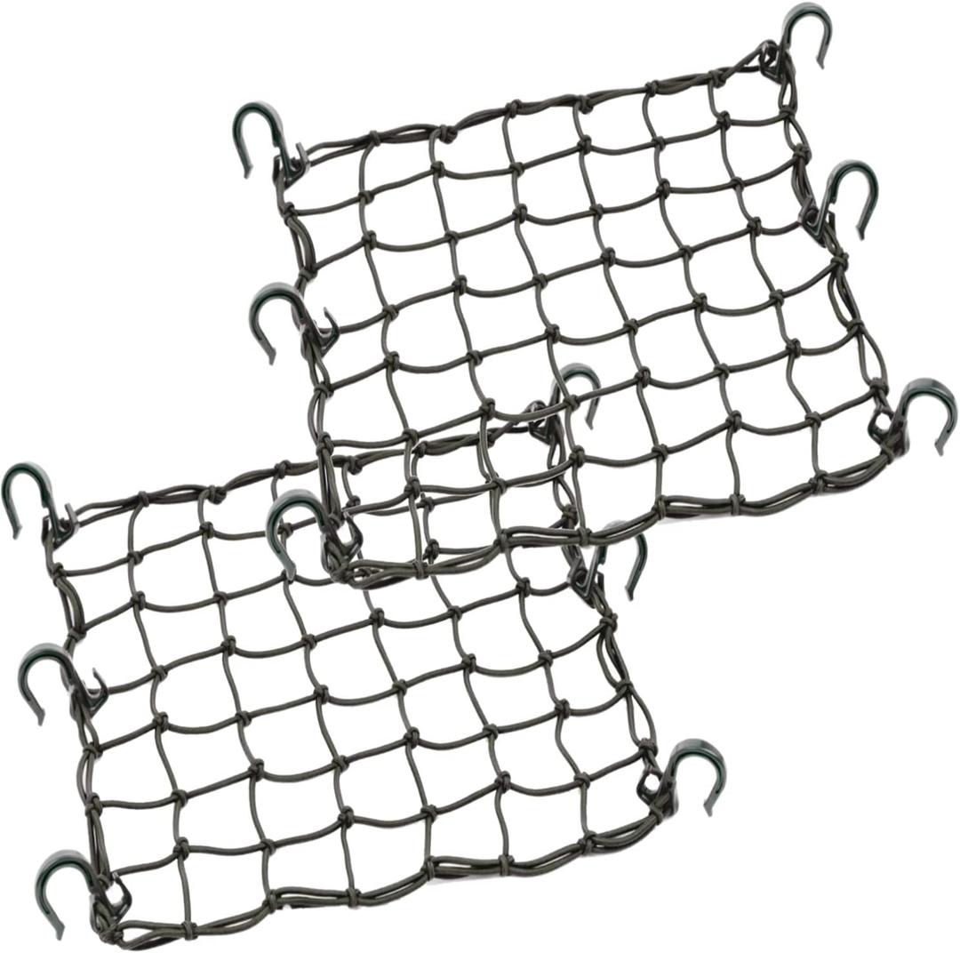 Small Cargo Net 15"x15" Stretches to 30"x30" with Thicken Hooks | Natural Latex Core, Tight 2x2 Mesh Heavy Duty Bungee Net for Motorcycle Helmet, Bike, ATV, UTV, Luggage (Black, 2 Pack)