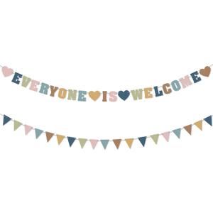 2 x Everyone is Welcome Banner, First Day of School Large Classroom Pennant Banner Colorful Flag Welcome Back to School Hanging Ornaments Classroom Decoration Supplies (Morandi)