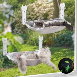 2 Pack Cat Window Perch, Glow in The Dark Foldable Cat Hammock with Sunken Design & Removable Soft Cover, Breathable Cordless Window Bed for Resting Indoor Kitten (Shallow Perch, 2 Pack - L)