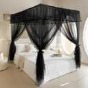 AIKASY 4 Corners Post Ruffle Princess Bed Canopy Curtain - Double Layer Cozy Drape Netting with 4 Openings - Elegant Mosquito Net for Girls and Adults Bedroom Decoration (Black, King)