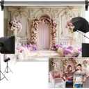 12x8ft Wedding Backdrops for Reception Spring Purple Flowers Pink Rose Banner Vintage European Carving Wall Background for Bridal Shower Birthday Valentines Mothers Day Princess Portraits