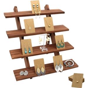 51pcs 4-Tier Wood Earring Display Stand, Retail Display Riser Earring, Ring Holder Stand, Removable Countertop Small Merchandise Display Stand with 50 Pcs Earring Card (Light brown)