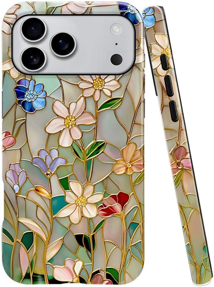 Case Compatible with iPhone 17 Pro Max,Fall Prevention Bright Hybrid 2-Layer Hard Shell Phone Case for Girls Boys,Stained Glass Bloom Flower