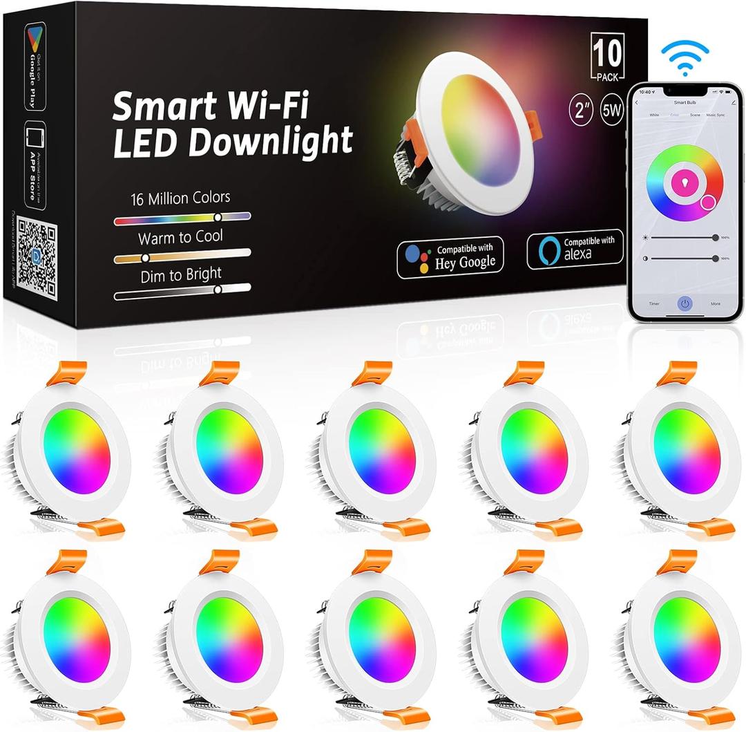inShareplus 10 Pack 2 Inch Smart Recessed Lighting, WiFi LED Downlight 5W 120V, Dimmable RGBCW 2700-6500K Color Changing, Compatible with Alexa/Google, Ceiling Lights with LED Driver (Corlorful)