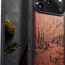 Carveit Magnetic Wooden Case for iPhone 17 Pro Case, Wood Artisan Engraved & Black Soft TPU Shockproof Cover, Compatible with MagSafe Wireless Chargers (The Lake and Mountain Landscape) Rosy
