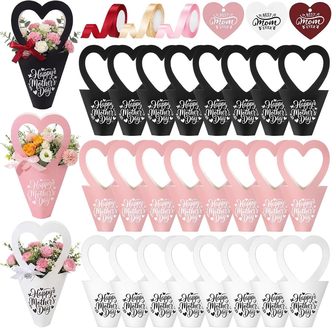 FunooFuno 24 Set Mothers Day Flower Bags for Bouquets with Best Mom Ever Cards and Ribbons 250gsm Waterproof Kraft Bouquet Holder for Anniversary Floral Arrangements DIY Flower Bar Birthday Party