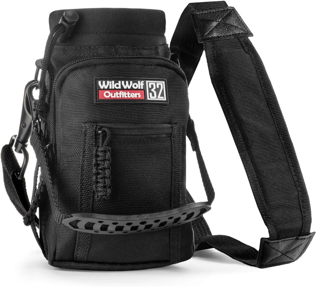 Wild Wolf Outfitters - #1 Best Water Bottle Holder for 32 oz Bottles - Carry, Protect and Insulate Your Flask with This Military Grade Carrier w/ 2 Pockets and an Adjustable Padded Shoulder Strap. (Black)