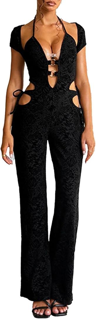 Molilove Women's Sexy Jumpsuits Short Sleeve Hollow Out Flare Pants Rompers Sexy One Piece Outfits Going Out (Black, L)