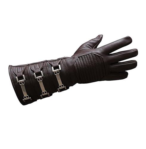 URBAN BUCK Real Sheepskin Leather Sky Gauntlet Costume Glove - Regular Fit Long Arm Cuff Mens Premium Buckles Unlined Cosplay Gloves Brown Right Hand (XL)