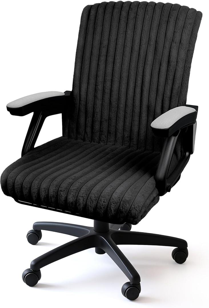 AELS Faux Fur Striped Office Chair Cover, Desk Chair Cover Computer Office Chair Covers - Fits Desk Chair/Armchair, Soft Breathable Fabric - Washable & Removable for Home & Office, Black