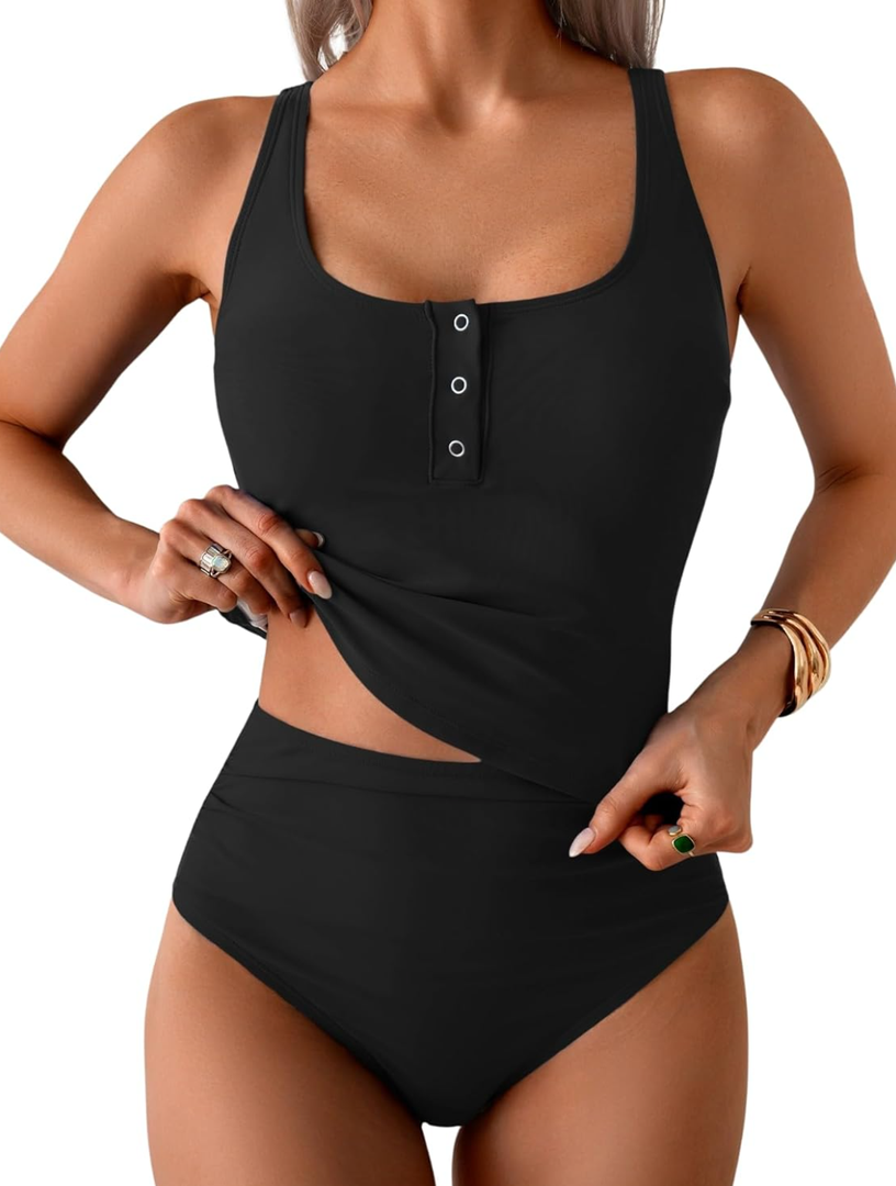 B2prity Women's Athletic Tankini Swimsuits Two Piece Adjustable Button-Up Bathing Suit Full Coverage High Waisted Swimwear, M