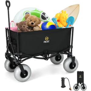 Nice C Beach Wagon, Heavy Duty Folding Utility Cart with 9" Balloon Wheels for Sand, 220 lbs Capacity, Adjustable Handle, Collapsible Beach Cart for Camping, Picnic, Outdoor, Groceries