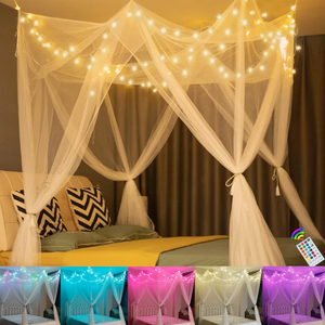 White Bed Canopy with 24 Colors Star Lights for Girls, 8 Corner Princess Canopy Bed Curtains with Color Changing LED String Lights Remote Timer for Adults Women Bedroom, Twin Full Queen King Bed