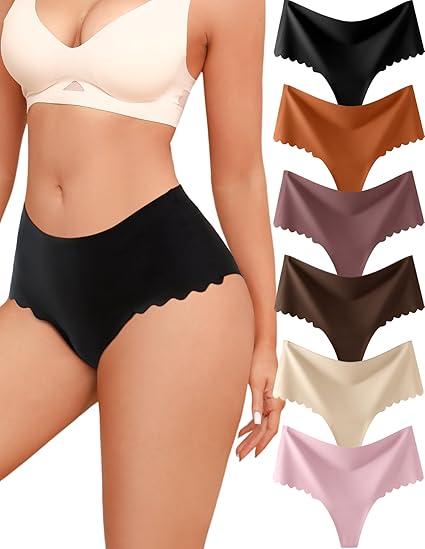 ALL OF SHE Thongs for Womens High Waisted Seamless Underwear for Women 5 Pack Wave Edge No Show Sexy Panties M
