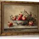 Vintage Gold Framed Pomegranate Still Life Wall Art, Moody Retro Fruit Oil Painting Canvas Print, Antique Bowl and Autumn Botanical Kitchen Wall Decor, Rustic Farmhouse Poster Artwork for Dining Room