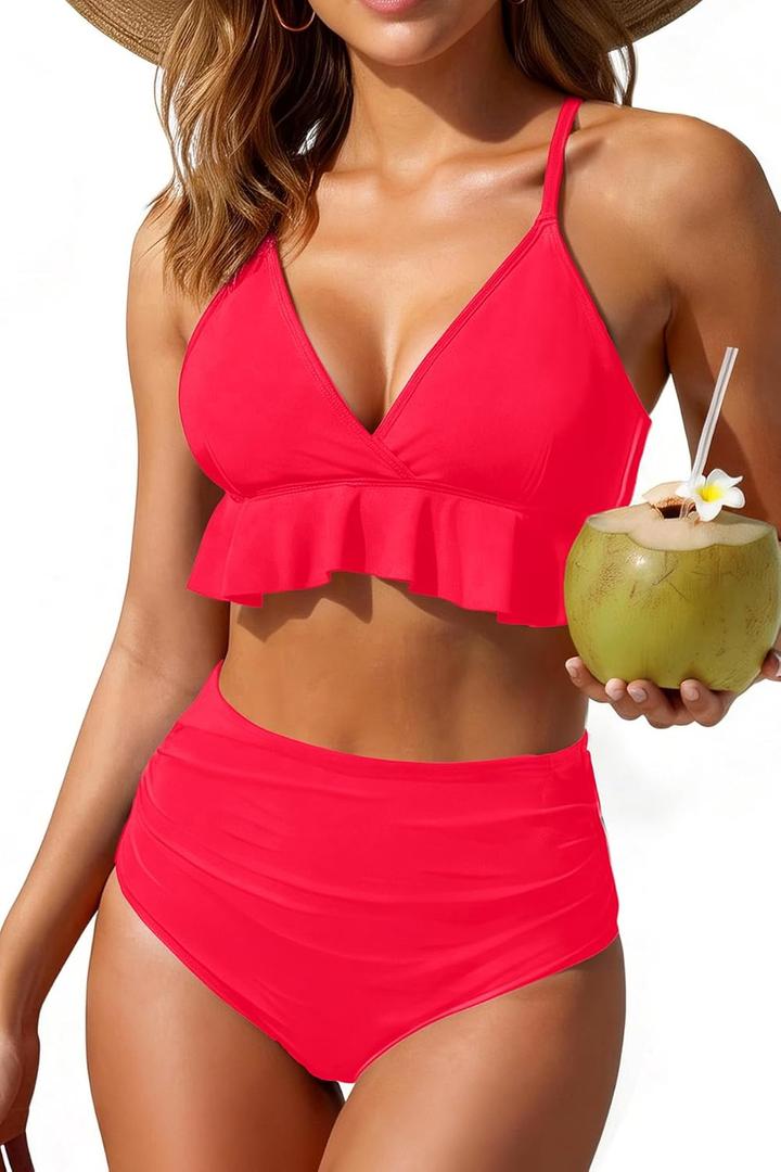 Tempt Me Women High Waisted Ruffle Bikini Set Two Piece Swimsuits Flounce Tummy Control Bathing Suit (L)