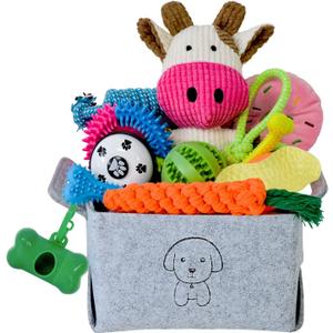 MRSOHRET 20Pcs Puppy Chew Toys for Teething, Dog Chew Toys with Rope Toy, Pet Dog Toothbrush, Treat Balls, Plush Toys and Squeaky Toys for Small Medium Dogs with Basket
