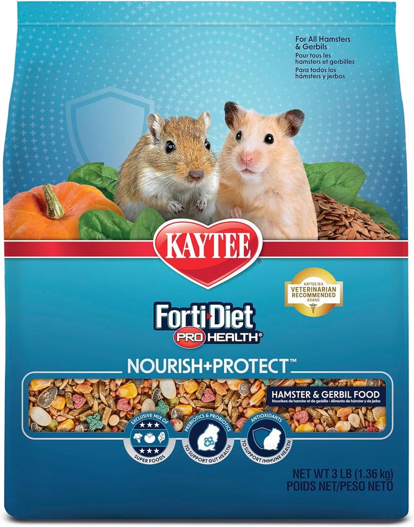 Kaytee Forti-Diet Pro Health Nourish+Protect Hamster and Gerbil Food, Comprehensive Nutrition Backed by Science, Digestive Health, Immune Support, 3 Pounds (EXP 06/13/26)