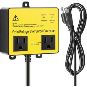Refrigerator Surge Protector, Ortis Double Outlet Voltage Protector for Home Appliances with Time Delay, 5ft Power Cord, Protects Against Brownout, Spike, Instant Surge All Voltage Abnormalities (Yellow) Refrigerator Surge Protector, Ortis Double Outlet Voltage Protector for Home Appliances with Time Delay, 5ft Power Cord, Protects Against Brownout, Spike, Instant Surge All Voltage Abnormalities (Yellow)