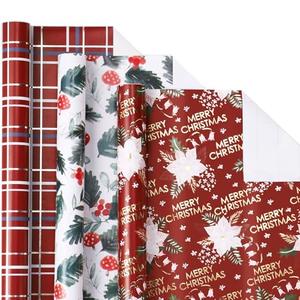 LeZakaa Christmas Red Wrapping Paper Roll - Mini Roll - Mushroom Printing, Flower Metallic Foil, Red Backing Plaid Collections for Christmas Holiday Party - 17 x 120 inches - 3 Rolls (42.5 sq.ft.ttl.)