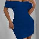 Womens Off Shoulder Sleeveless Bodycon Dresses Ruched Solid Sexy Graduation Cocktail Party Mini Dresses (Blue, M)