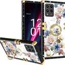 for T-Mobile Revvl 6 Pro 5G Case Gold Squared Corner Luxury Elegant Classic Retro Soft TPU Protective Cover with Ring Grip Kickstand for T-Mobile Revvl 6X Pro Phone Case - White Flower