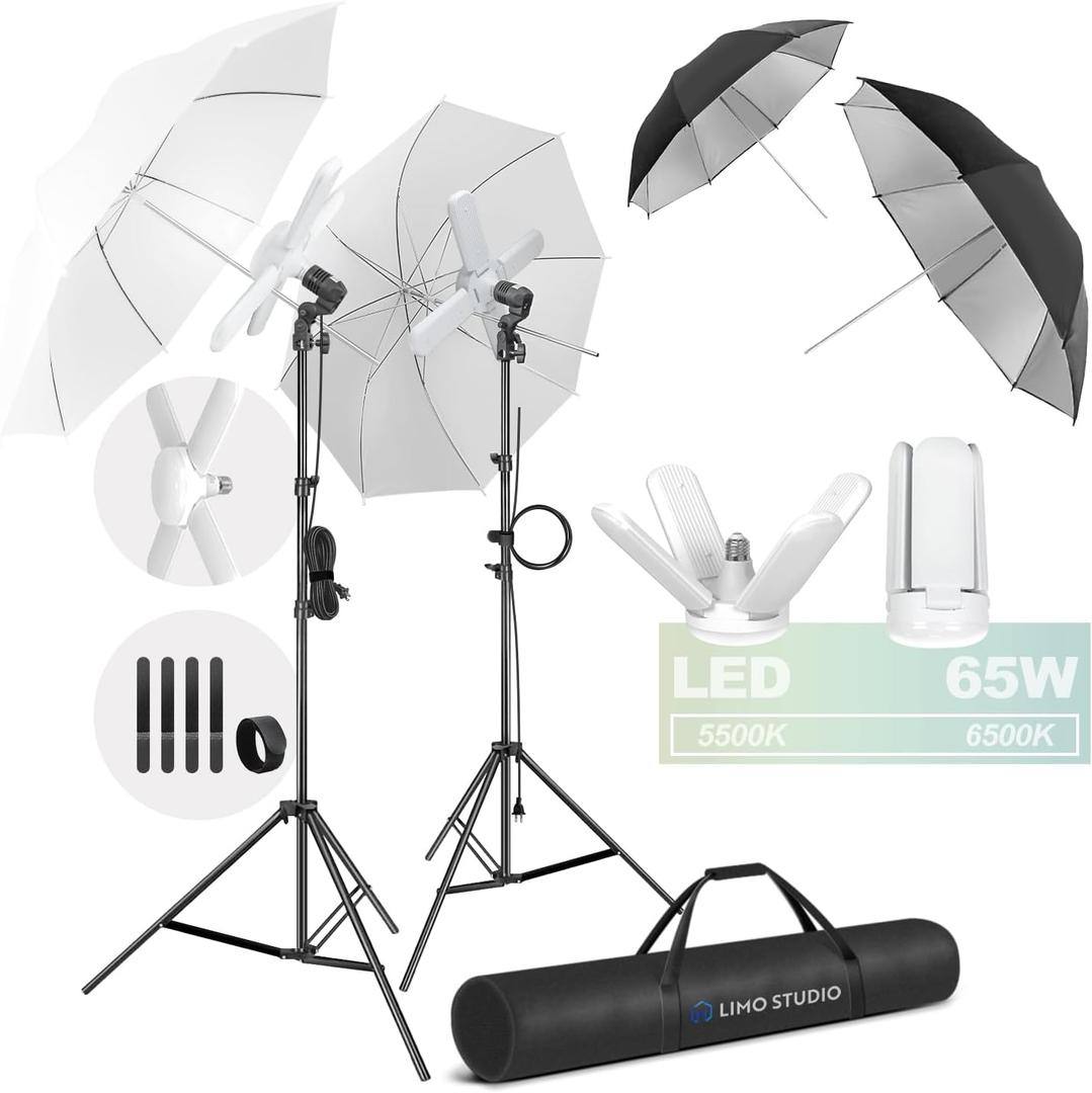 LimoStudio (LED Super Bright) 2600W Output Photo Studio Umbrella Continuous Lighting Kit, 6500K Neutral Day Light, 9200 Lumen, CRI>95, White Soft Umbrella Diffuser & Black, Silver Reflector, AGG3429
