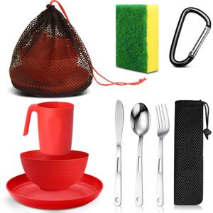 Scout Camping Mess Kit for Person Boy Scout Dishes Set Girl Scout Mess Kit with Mesh Bag Reusable Light Weight Eating Utensils Plastic Camping Cutlery Set for Travel Camp