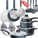 Mueller 16-Piece Healthy Stone Pots and Pans Set Non Stick, Non Toxic Ceramic Cookware Set, Dishwasher Safe, w Frying Pans, Sauce Pan, Steamer, Vac-Free Vented Glass Lids, Kitchen Utensils, Slate