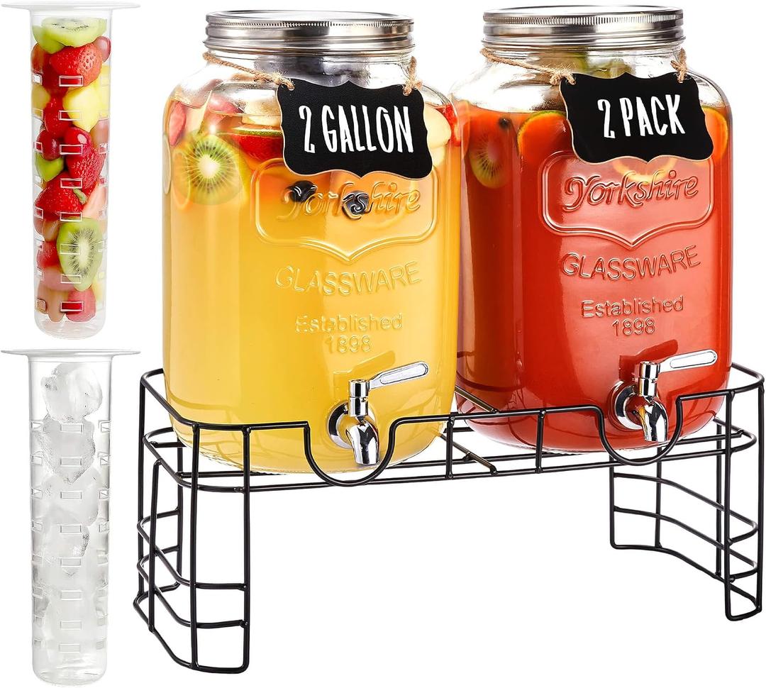 2 Gallon Large Glass Drink Dispenser Set, 2 Pack Beverage Dispensers with Stand & 18/8 Stainless Steel Spigot, Leakproof for Lemonade, Sun Tea & Iced Tea