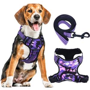No Pull Dog Harness for Large Dogs, Adjustable No Choke Pet Vest with Dog Leash Fit Smart Reflective Pet Walking Harness for Training Easy Control Soft Handle Purple Camo XL