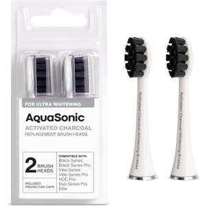 AquaSonic Genuine 2-Pack Activated Charcoal Brush Heads - Ultra Whitening Brush Heads - 2X Whitening & Stain Remover - for Black Series, Black Series Pro, Vibe Series, Duo Pro Series (White)