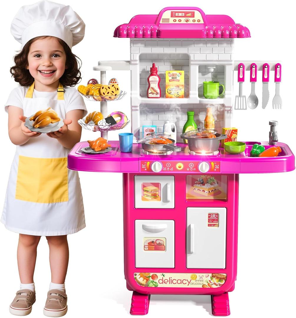 MSKOLER Kids Kitchen Playset for Ages 3-6 4-8, Play Kitchen with Light, Sound and Spraying, Sink Toy Accessories, Cooking Stoves, Pretend Food Toys for Toddlers 3-5 Boys Girls 6-12