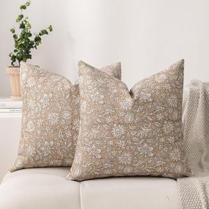 DWR Floral Throw Pillow Covers 20x20 Set of 2, Block Print Decorative Pillow Covers in Soft Taupe, Neutral Faux Linen Cotton Blend, Vintage Look for Couch, Sofa, Bed, Living Room