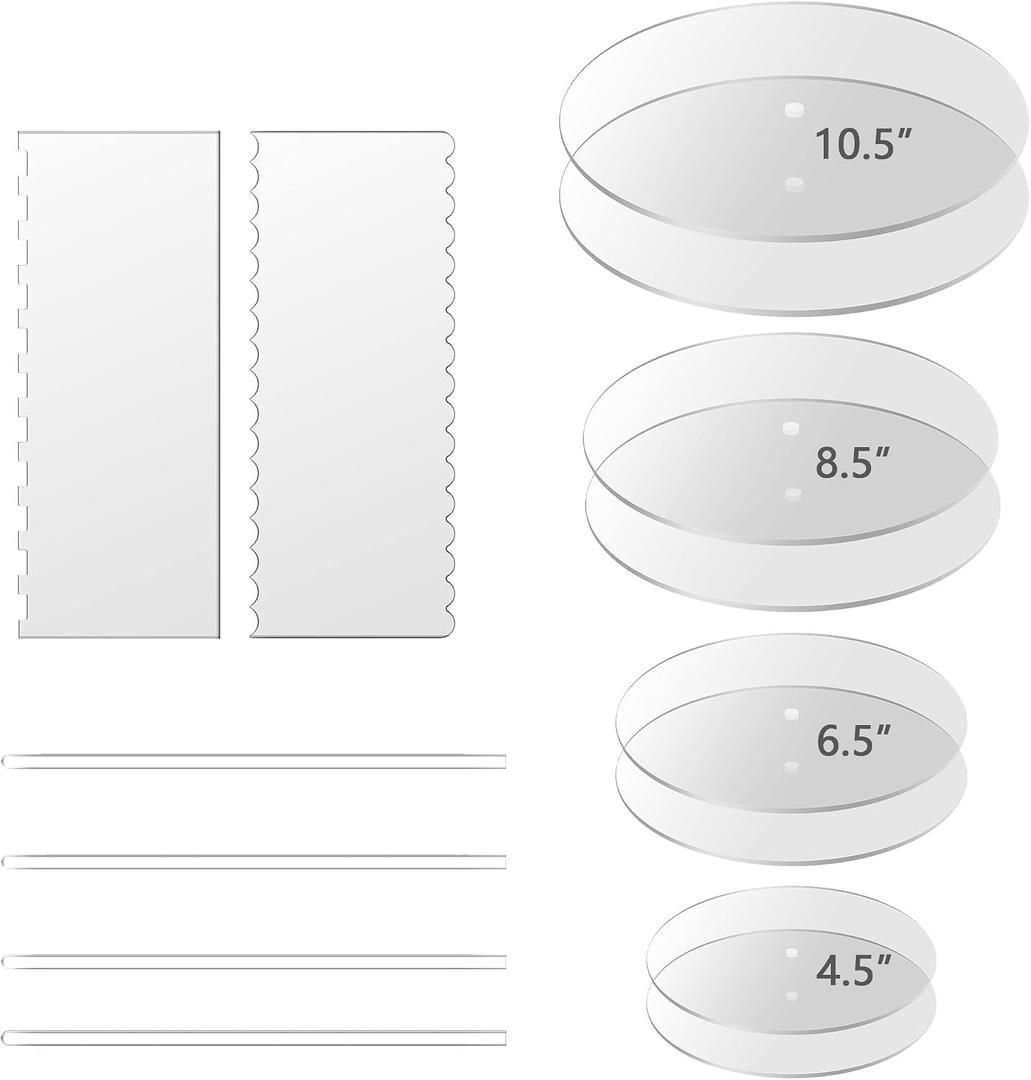 Acrylic Cake Disc, Round 4.5/6.5/8.5/10.5 Inch Acrylic Cake Disk Set, Includes Comb Scrapers,Dowel Rods,Icing Scraper,Cake Acrylic Discs for Icing 4 Tier Cakes