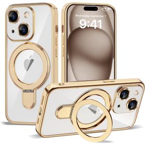 Compatible with iPhone 15 Case with Invisible Magnetic Ring Stand [Compatible with Mag-Safe] [Full Camera Lens Protector] Plating Clear Phone Case for iPhone 15 6.1", Gold