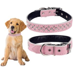 Rhinestones Pet Dog Collars Adjustable Sparkly Crystal Studded Genuine Leather Pet Collar for Small and Medium Dog 1" Wide (pink), Size: L(neck 14.5-18" )