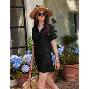 Ekouaer 2 Pack Womens Pajama Sets Short Sleeve Top with Shorts Soft Comfy Loungewear Sleepwear, Black, Small