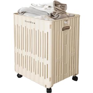 50L Rolling Laundry Basket with Wheels & Handle, Compact Plastic Hamper for Small Spaces, Modern Clothes & Toy Organizer for Dorm, Bathroom, or Apartment