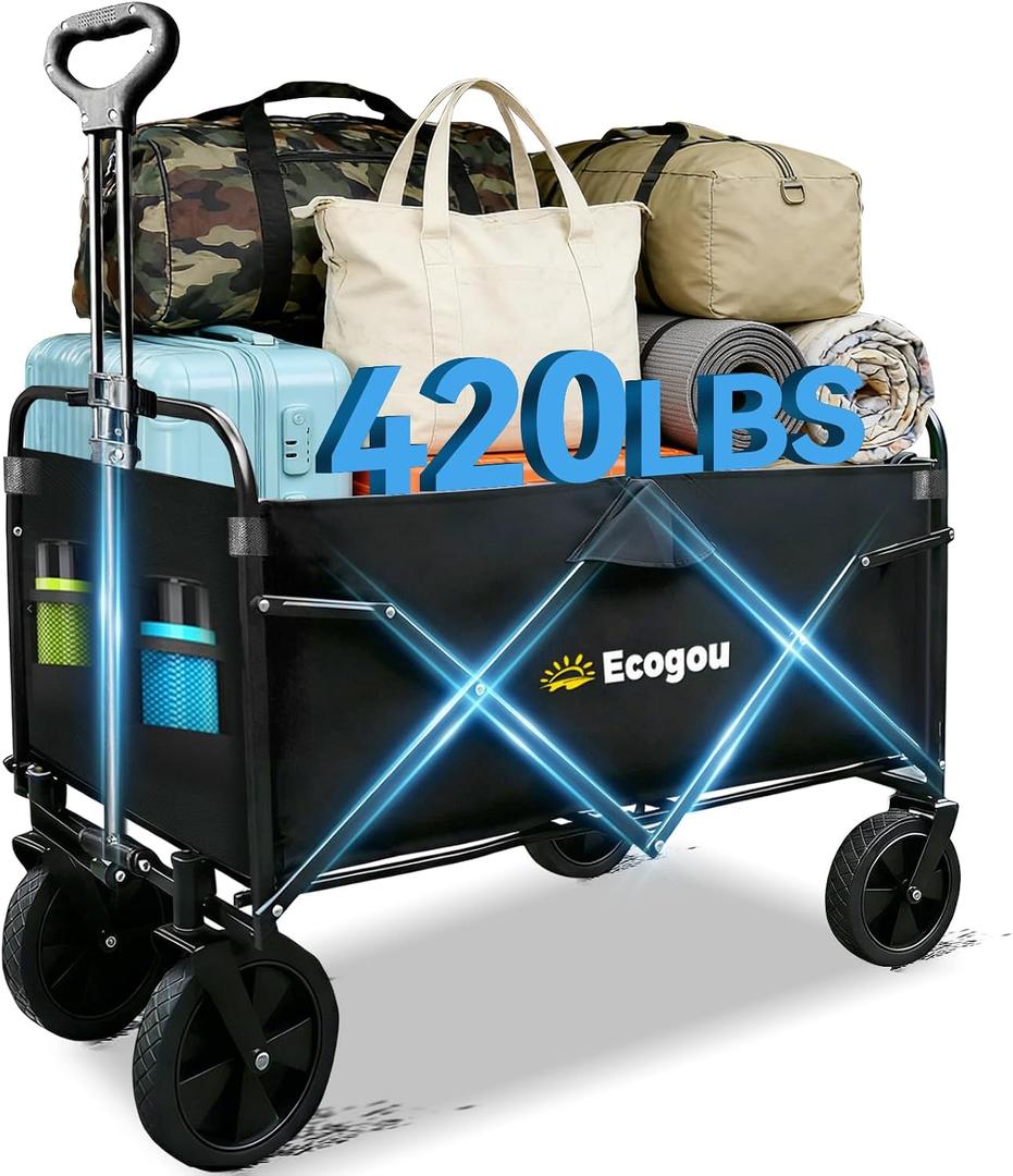 Wagons Carts Foldable, Collapsible Wagon with All-Terrain Wheels 420lbs Weight Capacity Heavy Duty Utility Wagon with Drink Holders for Beach, Garden, Camping, Shopping Groceries, Sports