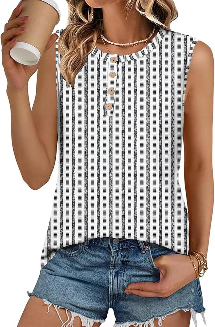 LOMON Tank Top for Women Crew Neck Sleeveless Loose Fit Button Casual Tee Shirts Summer Fashion 2026 Tunic Tops Blouses (M)