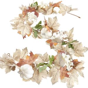 Sggvecsy Fall Maple Leaf Garland with White Pumpkins Clusters of Berries Autumn Hanging Foliage for Home Indoor Outdoor Party Thanksgiving Fireplace Decor (1 PCS)