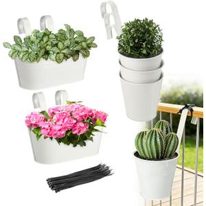 MADHOLLY 6Pcs Railing Planter with Drainage - 10.8" & 5.1" Bucket Pots for Balcony Railing, Metal Iron Hanging Flower Pots for Herb Planter Outdoor Deck & Rail Decor with Hook, White