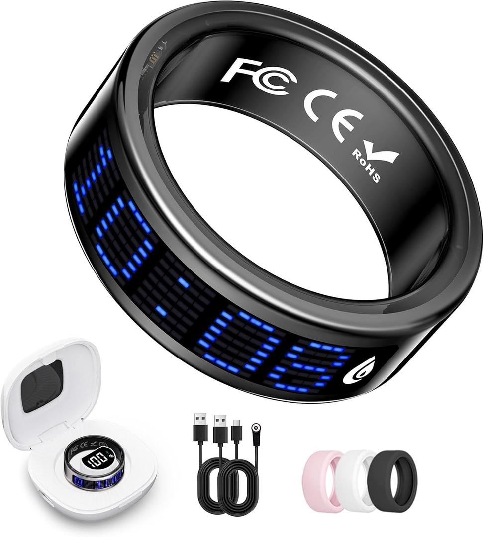 Smart Ring for Women & Men, Fitness & Health Tracker with Display Screen, IP68 Waterproof Smart Rings for Health Monitoring, Fitness Tracker Ring with Call Notification, No App Fees (Black, 8#)