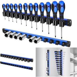 6 Piece Magnetic Tool Organizer Set, Holds Screwdrivers, Wrenches & Sockets (12-Slot Rail x3, L/M/S Socket Holders), Workshop Wall Mount, Space-Saving Tool Storage, Strong Grip (Tools Not Included)