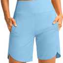 Soothfeel Women's 7" Athletic Running Long Shorts with Pockets High Waisted Bermuda Shorts for Women Workout Walking Casual (Blue, XL)
