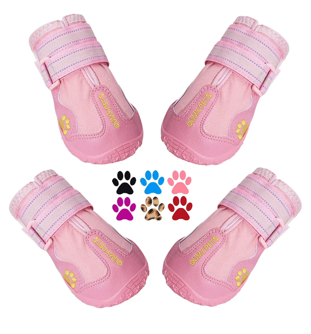 QUMY Dog Shoes for Large Dogs, Medium Dog Boots & Paw Protectors for Winter Snowy Day, Summer Hot Pavement, Water-Resistant in Rainy Weather, Outdoor Walking, Indoor Hardfloors Skid-Resistant Sole, Size 4: 2.2''x2.6''(W*L) (Pack of 4), Pink