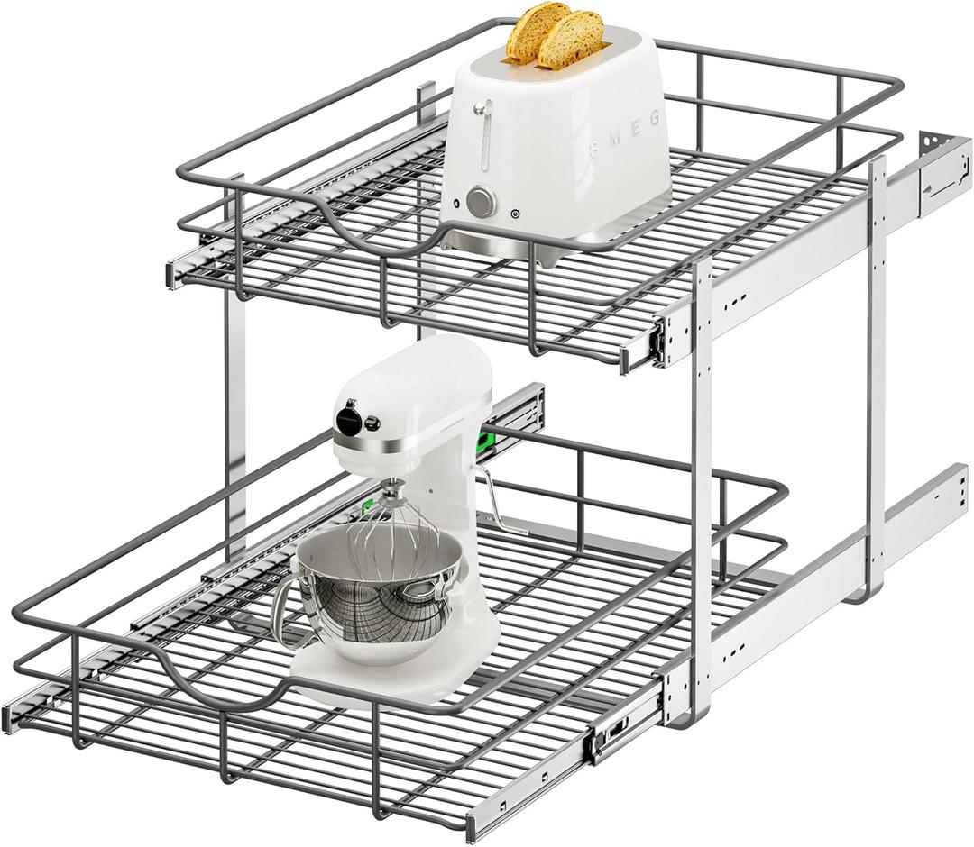 ALINE FURNITURE 2-Tier Pull Out Cabinet Organizer - 17" W x 22" D Soft Close Pullout Shelves with Shelf Liners - Slide Out Drawers for Kitchen Cabinets, Pantry, Bathroom, Heavy Duty Steel Wire Baskets