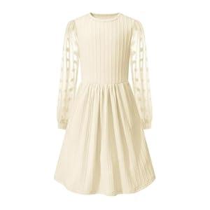 Little Bitty Girls Textured A-Line Swiss Dot Dress, Tulle Long Sleeve Ribbed Knit Crew Neck Midi Dress with Pockets Beige 8-9Y
